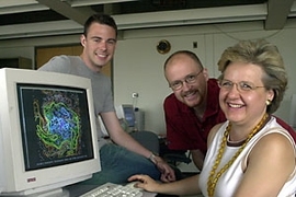 Lodovica Illari (right), a lecturer in meteorology, and Rob Korty (left) and Greg Lawson, graduate students in earth, atmospheric and planetary sciences, are members of the MIT team that won a national weather forecasting competition.