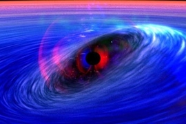 Astronomers have discovered evidence for physics beyond Einstein's general relativity. This artist's conception shows a galactic black hole being orbited by a ripple in spacetime--a distortion in the fabric of space itself.