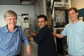 MIT Professor Dennis Freeman, left, graduate student Roozbeh Ghaffari  and research scientist Alexander J. Aranyosi have found that the tectorial membrane, a gelatinous structure inside the cochlea of the ear, is much more important to hearing than previously thought.