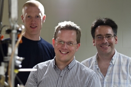 The MIT researchers who helped lead the project, from left: Research Laboratory of Electronics postdocs Simon Gustavsson and Jonas Bylander and Lincoln Lab's William Oliver.