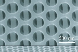 The new 3D nanofabrication method makes it possible to manufacture complex multi-layered solids all in one step. In this example, seen in these Scanning Electron Microscope images, a view from above (at top) shows alternating layers containing round holes and long bars. As seen from the side (lower image), the alternating shapes repeat through several layers. 