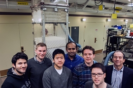 The team responsible for developing the improved HDH desalination system, seen in front of a prototype of the system. From left to right, they are:  Karim Chehayeb, Gregory Thiel, Steven Lam, lead researcher Prakash Narayan Govindan, Max St. John, Ronan McGovern and the senior member of the team, Professor John Lienhard.