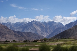 A view towards the north of the Karakoram Range, with the village of Khardung in the foreground. Karakoram represents the former Eurasian margin prior to the collision of India and Asia.