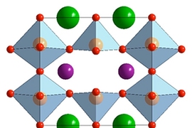 A diagram of the molecular structure of double perovskite shows how atoms of barium (green) and a lanthanide (purple) are arranged within a crystalline structure of cobalt (pink) and oxygen (red).