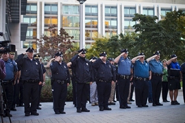 Nearly 50 MIT Police officers stood at attention at the start of this morning&#39;s ceremony.