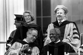 Charles M. Vest shares a laugh with then-UN Secretary General Kofi Annan, who was MIT's Commencement speaker in 1997.