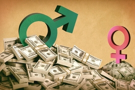 Male and female gender signs on top of a pile of dollar bills