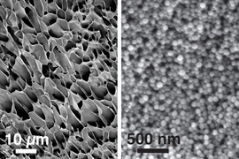 These scanning electron microscopy images, taken at different magnifications, show the structure of new hydrogels made of nanoparticles interacting with long polymer chains.