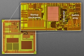 The MIT researchers' prototype for a chip measuring 3 millimeters by 3 millimeters. The magnified detail shows the chip's main control circuitry, including the startup electronics; the controller that determines whether to charge the battery, power a device, or both; and the array of switches that control current flow to an external inductor coil. This active area measures just 2.2 millimeters by ...