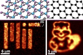 Researchers used the MIT and Tim the Beaver logos to show photoluminescence emissions from a monolayer of molybdenum disulfide inlayed onto graphene. The arrow indicates the graphene-MoS2 lateral heterostructure, which could potentially form the basis for ultrathin computer chips.