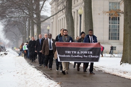 "Truth & Power: Students Leading for Change" began with a silent march starting at Lobby 7 and ending at Walker Memorial Hall. 