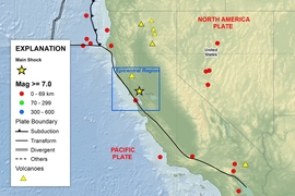 A map shows the location of the August 24, 2014 earthquake just south of Napa, California. In a new report, scientists from MIT and elsewhere detail how, even after the earthquake’s main tremors and aftershocks died down, earth beneath the surface was still actively shifting and creeping — albeit much more slowly — for at least four weeks after the main event.
