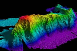 A map of a seamount in the Arctic Ocean created by gathering data with a multibeam echo sounder. A team of researchers found that topographic features such as seamounts, ridges, and continental margins can trap deep waters from migrating to flatter, calmer parts of the ocean.
