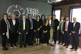 Members of The Engine's Board of Directors and Investment Advisory Committee at The Engine headquarters in Central Square (from left to right): Katie Rae, Robert Kraft, Israel Ruiz, Anantha Chandrakasan, Linda Pizzuti Henry, Amir Nashat, Sue Siegel, David Fialkow, Jeremy Wertheimer, Brad Powell, Felipe Chico, and Jonathan Kraft.