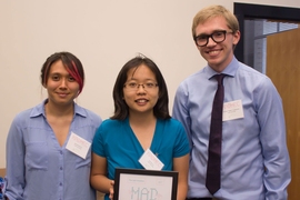 The winning team, named A Salt Solution, won $10,000 for a prototype of a simple, low-cost hydrogel that can be incorporated into water desalination plants or placed directly into bodies of water to collect uranium. The team members are: (left to right) Jasmine Harris, Cynthia Lo, and William “Robin” Lindemann. 