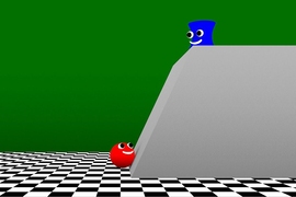 To evaluate infants’ intuition regarding what other people value, researchers showed them videos in which an agent (red bouncing ball) decides whether it’s worth the effort to leap over an obstacle to reach a goal (blue cartoon character).

