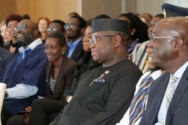 Sierra Leone President Julius Maada Bio, center, spoke during the Sierra Leone delegation visit on March 7, 2019 at MIT.