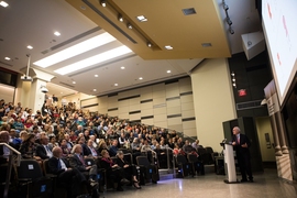 MIT’s Room 10-250 was packed for the James R. Killian Jr. Faculty Achievement Award Lecture, delivered by Gerald Fink.