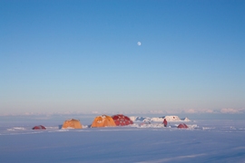 Ice core field camp on a clear spring evening, Disko Island Ice Cap, west Greenland. 