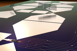 This graphic depicts a stylized rendering of the quantum photonic chip and its assembly process. The bottom half of the image shows a functioning quantum micro-chiplet (QMC), which emits single-photon pulses that are routed and manipulated on a photonic integrated circuit (PIC). The top half of the image shows how this chip is made: Diamond QMCs are fabricated separately and then transferred into ...