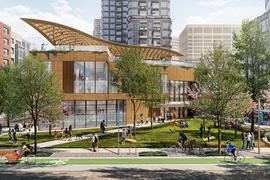 Conceptual rendering of a proposed community center surrounded by trees and existing Kendall Square buildings