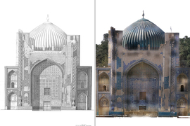 On left is a black-and-white drawing of the mosque that highlights the curves and patterns of the building. On right is a rendering that has black splotches, perhaps where images have been stitched together.