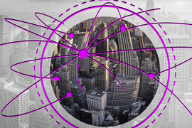 A circular fish-eye photo of a cityscape, with an overlay of pink lines with nodes connecting parts of the city.
