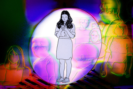 Drawing shows a woman sadly looking on her phone, inside a bubble. Colorful streaks of people appear outside the bubble, and lightly in the bubble.