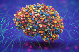 Digital collage shows a brain made with wires connecting tiny, colorful boxes. The blue background shows hints of veiny green astrocyte cells.