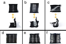 6 paired examples are labeled A through F. Each pair has 1 photo of a piece of flattened fabric, and fabrics have different patterns made with black and white threads. The second image in the pair shows the piece of fabric deformed or folded in unique ways.