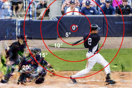 A photo of a baseball game shows a batter swinging, center, with a blurry referee and catcher off to the left. An overlay of red rings emanates from a point near the top center of the image, and the image is degraded and more warped the further away from the center it is. Rings are labeled “0, 5, 10, 15, 20 degrees.”