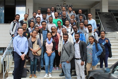Alexander Rothkopf (front row, left) joins pharmacy students at Addis Ababa University for the in-person portion of their blended online course.