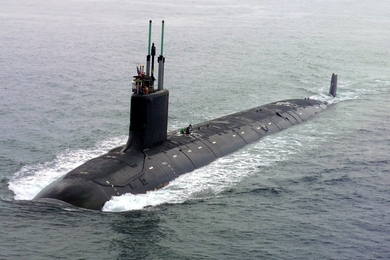 Photo of the USS Virgina submarine underway, partially submerged.