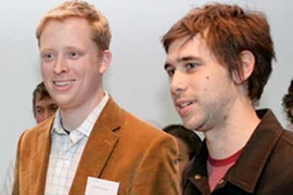Thaddeus Jusczyk and James Graham at the Holcim Forum 2007 awards ceremony. The two MIT students won first place for their plan to harness the energy of crowds.