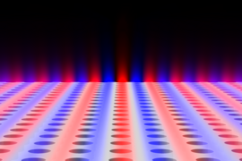 Light is found to be confined within a planar slab with periodic array of holes, although the light is theoretically &#34;allowed&#34; to escape. Blue and red colors indicate surfaces of equal electric field.