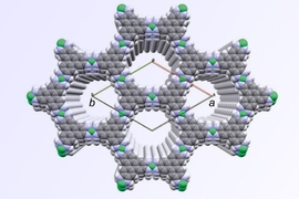 A diagram of the molecular structure of the new material shows how it naturally forms a hexagonal lattice structure, and its two-dimensional layers naturally arrange themselves so that the  openings in the hexagons are all perfectly aligned.