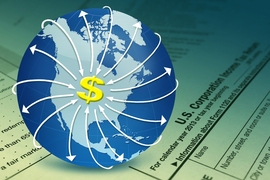 Cartoon showing a globe with a dollar sign on the front, with arrows radiating from it