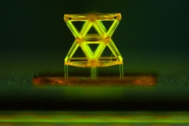 This microscope image shows a single unit of the structure developed by the team, called a stretch-dominated octet truss unit cell, made from a polymer using 3-D microstereolithography.