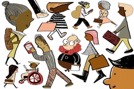 Cartoon showing many people with different skin colors, walking
