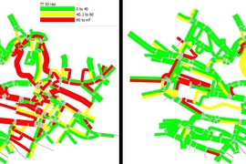 This figure shows two maps with colored lines that represent the main roads in Lausanne, Switzerland. The three colors represent how long it takes to commute: red is the longest commute, yellow is average, and green is the shortest commute. The left map, with conventional traffic light programming, has many red lines that represent long commutes. The right map, which uses the researcher's improved...