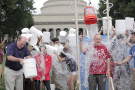 MIT President L. Rafael Reif accepted a double Ice Bucket Challenge from Harvard President Drew Faust and the MIT Edgerton Center. The ice bucket challenge is raising funds to help scientists research the causes of and potential treatments for ALS, also known as Lou Gehrig's disease. 