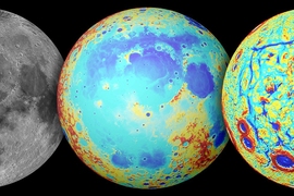 The moon as observed in visible light (left), topography (center, where red is high and blue is low), and the GRAIL gravity gradients (right). The Procellarum region is a broad region of low topography covered in dark mare basalt. The gravity gradients reveal a giant rectangular pattern of structures surrounding the region.  