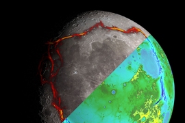 This image of the moon is divided into two halves. The top half shows the rectangular pattern of gravity anomalies bordering the Procellarum region, superimposed in red. The bottom half depicts the topography of the Moon from the Lunar Orbiter Laser Altimeter, with the gravity anomalies bordering the Procellarum region superimposed in blue.