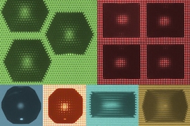 Shapes of water droplets (dark areas) on a textured surface (smaller dots) are determined in a predictable way by the spacing and angles between rows of nanoscale pillars or columns on the surface, the researchers found. Top row (left to right): regular hexagon (green) and square (red). Bottom row (left to right): dodecagon (blue), octagon (orange), rectangle (teal), and hexagon (yellow). 