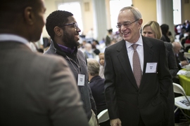 MIT president L. Rafael Reif chats with attendees at the annual luncheon.