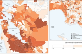 Mapping estimated entrepreneurial quality by ZIP code in the San Francisco Bay Area (left). Dots indicate single-address ZIP codes. The quality of entrepreneurial activity is higher in the area that ranges just north of San Jose through San Francisco, with a contiguous mass of intense entrepreneurial quality from Milpitas through South San Francisco. In contrast, the Los Angeles region (right) has...