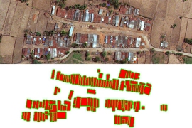 To test their software system for identifying houses in satellite images, the first step was to manually determine the house locations. In this sample satellite image of a rural village in India (top), the team created a map (bottom), where red indicates ‘‘building,’’ white indicates ‘‘not building,’’ and green indicates ‘‘not sure,’’ which includes pixels very close to the...