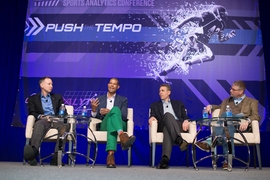 During a panel at the MIT Sloan Sports Analytics Conference on Feb. 27 (from left): football analyst Brian Burke; former basketball player Shane Battier; ESPN analytics director Ben Alamar; and panel moderator John Anderson of ESPN.