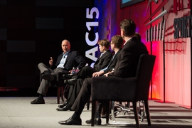 New York Mets general manager Sandy Alderson (left) addresses the baseball analytics panel at the conference on Feb. 28.