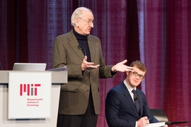 Henry "Jake" Jacoby, a professor emeritus and former co-director of the Joint Center on the Science and Policy of Global Change, summarized the projected effects of global warming on MIT and the Boston area, in a panel discussion led by Francis O'Sullivan (right).